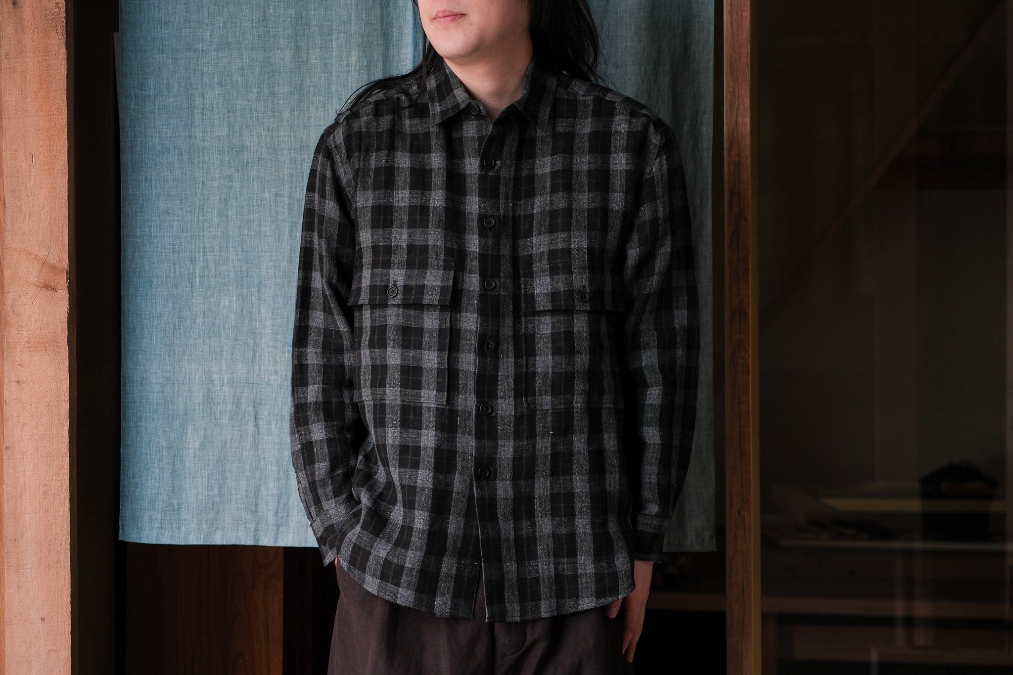 evan kinori　Big Shirt Yarn Dyed linen Check