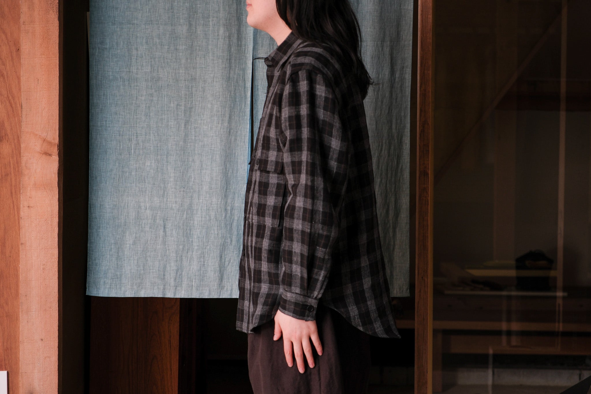 evan kinori　Big Shirt Yarn Dyed linen Check