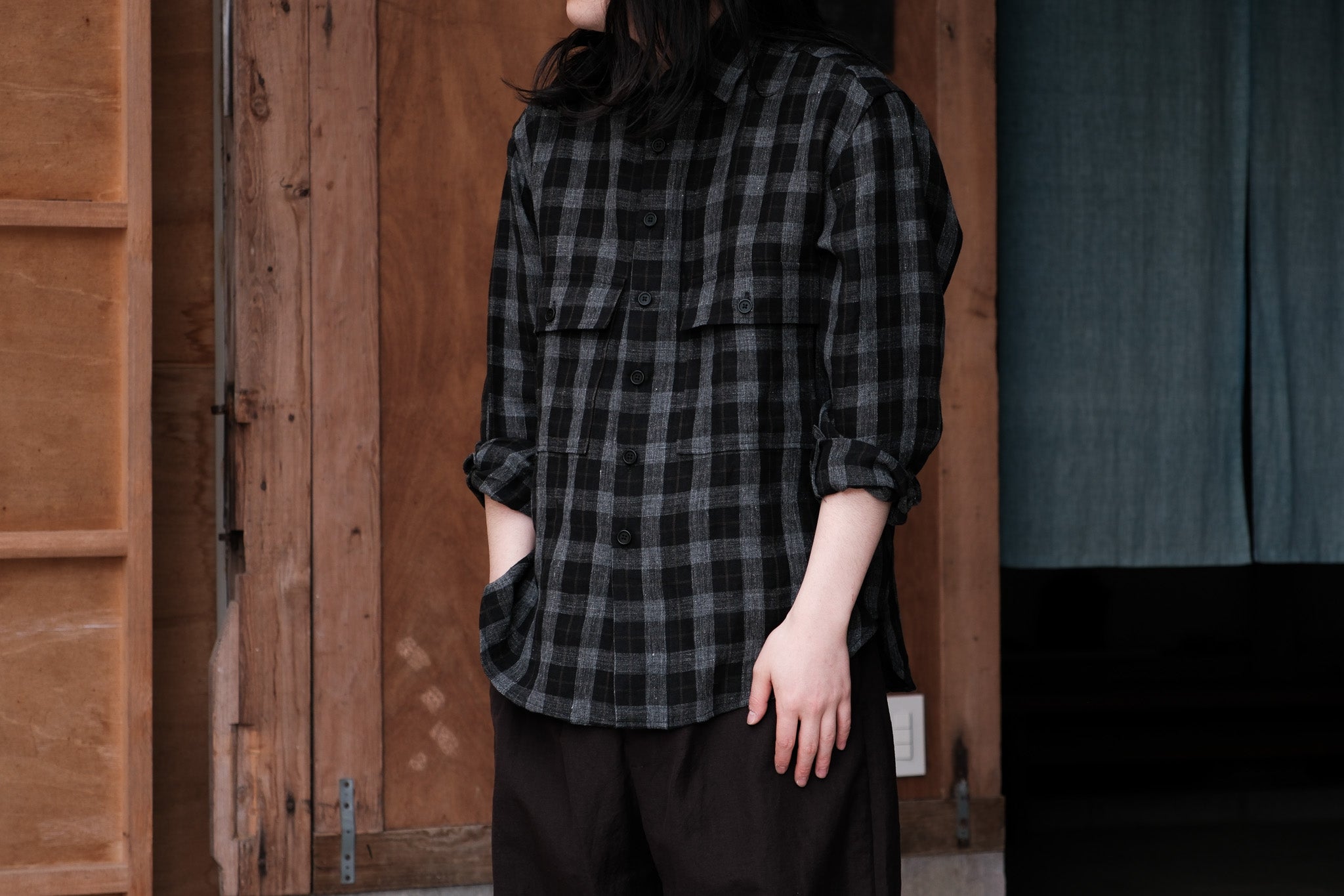 evan kinori　Big Shirt Yarn Dyed linen Check