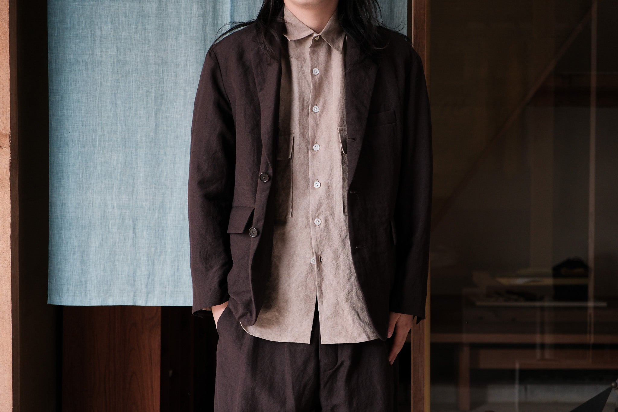 evan kinori　Three Button Jacket worsted wool linen canvas