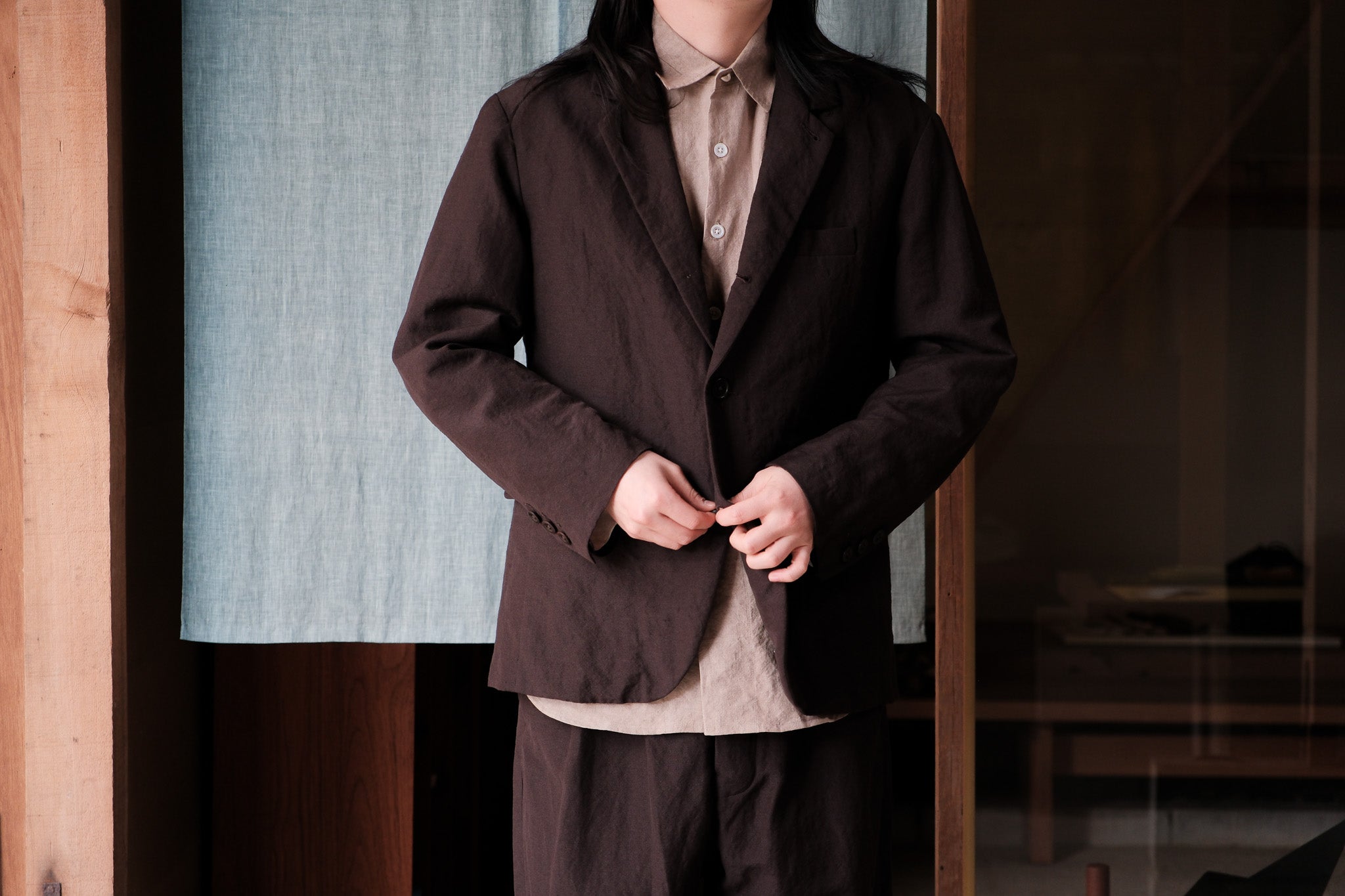 evan kinori　Three Button Jacket worsted wool linen canvas