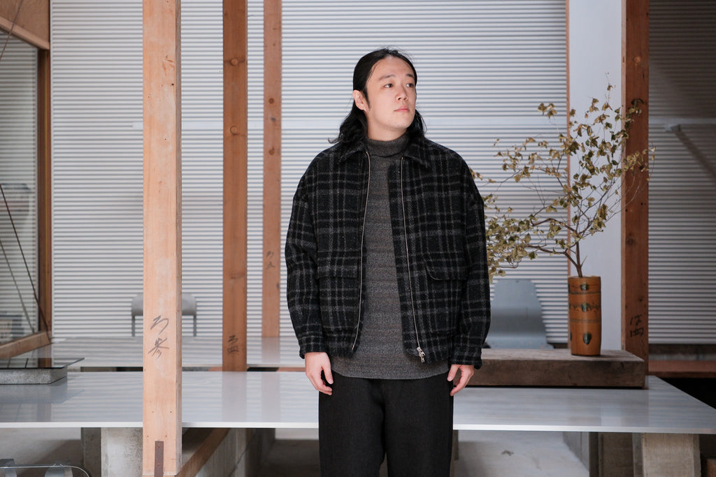 evan kinori　Zip Jacket Two Wool Tweed check