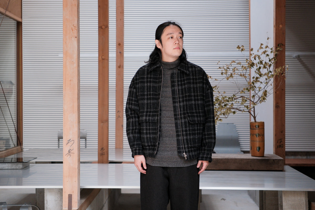 evan kinori　Zip Jacket Two Wool Tweed check