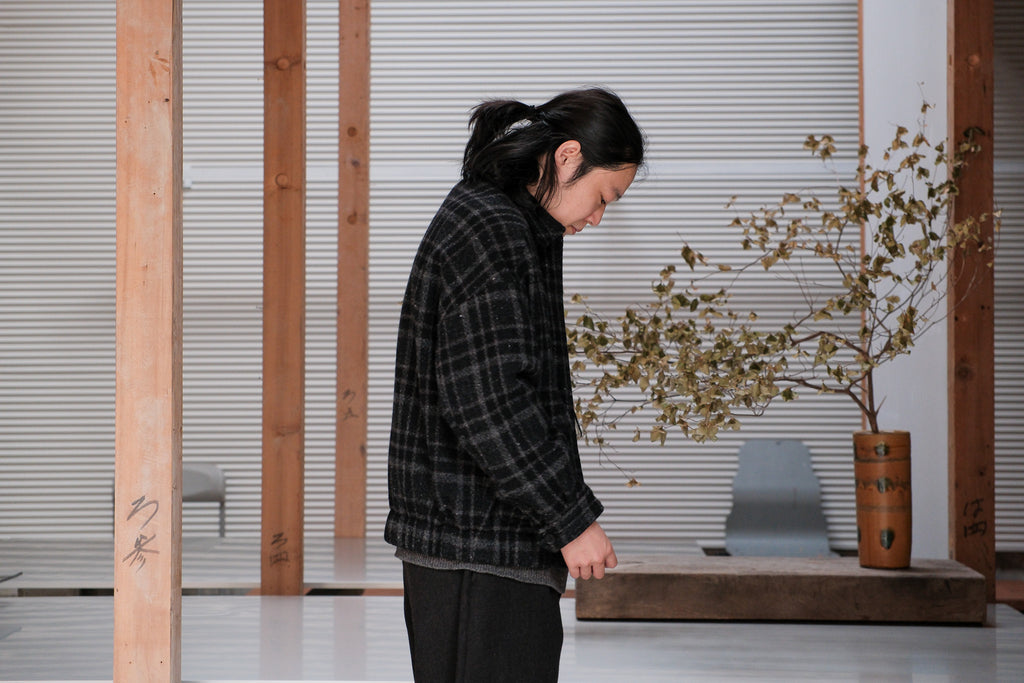 evan kinori　Zip Jacket Two Wool Tweed check