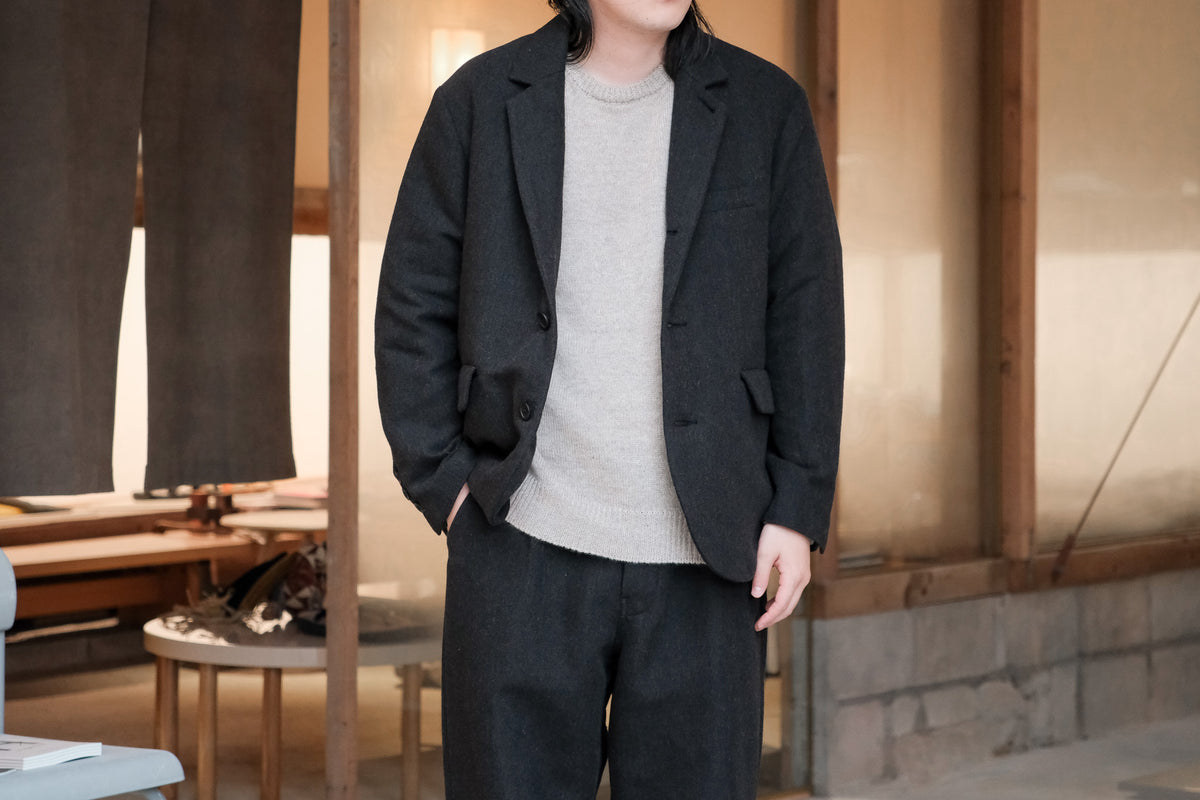 evan kinori　Three Butlon Jacket Wool Linen Herring Bone