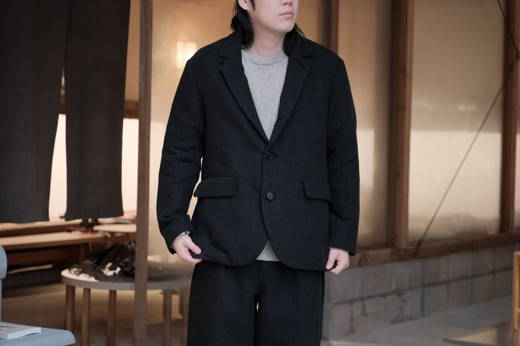 evan kinori　Three Butlon Jacket Wool Linen Herring Bone