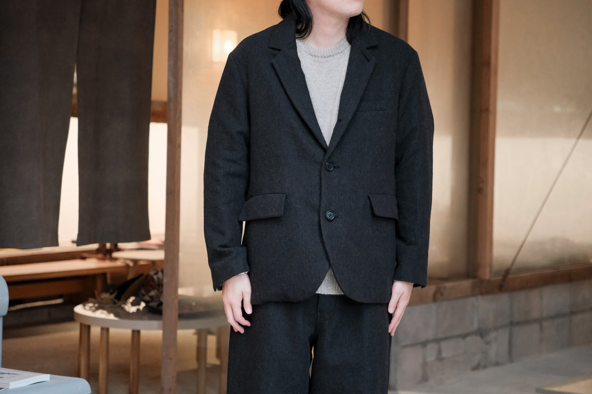 evan kinori　Three Butlon Jacket Wool Linen Herring Bone