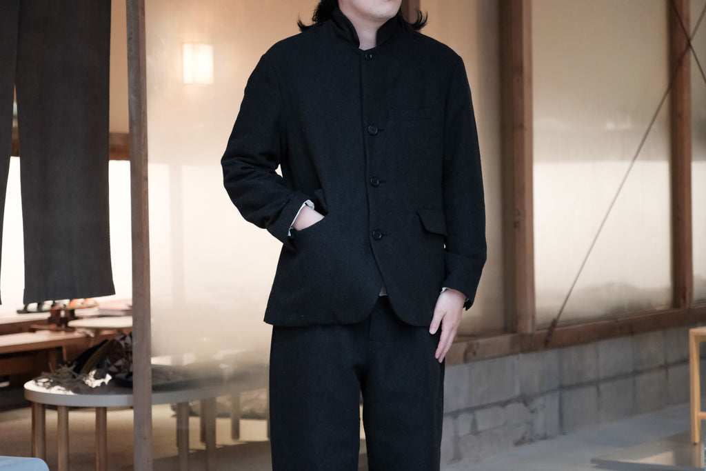 evan kinori　Three Butlon Jacket Wool Linen Herring Bone