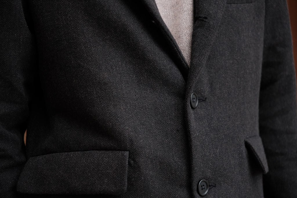 evan kinori　Three Butlon Jacket Wool Linen Herring Bone