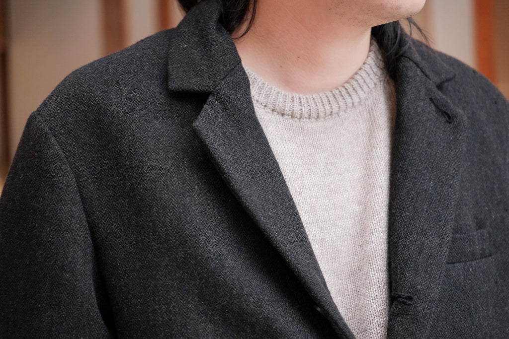 evan kinori　Three Butlon Jacket Wool Linen Herring Bone