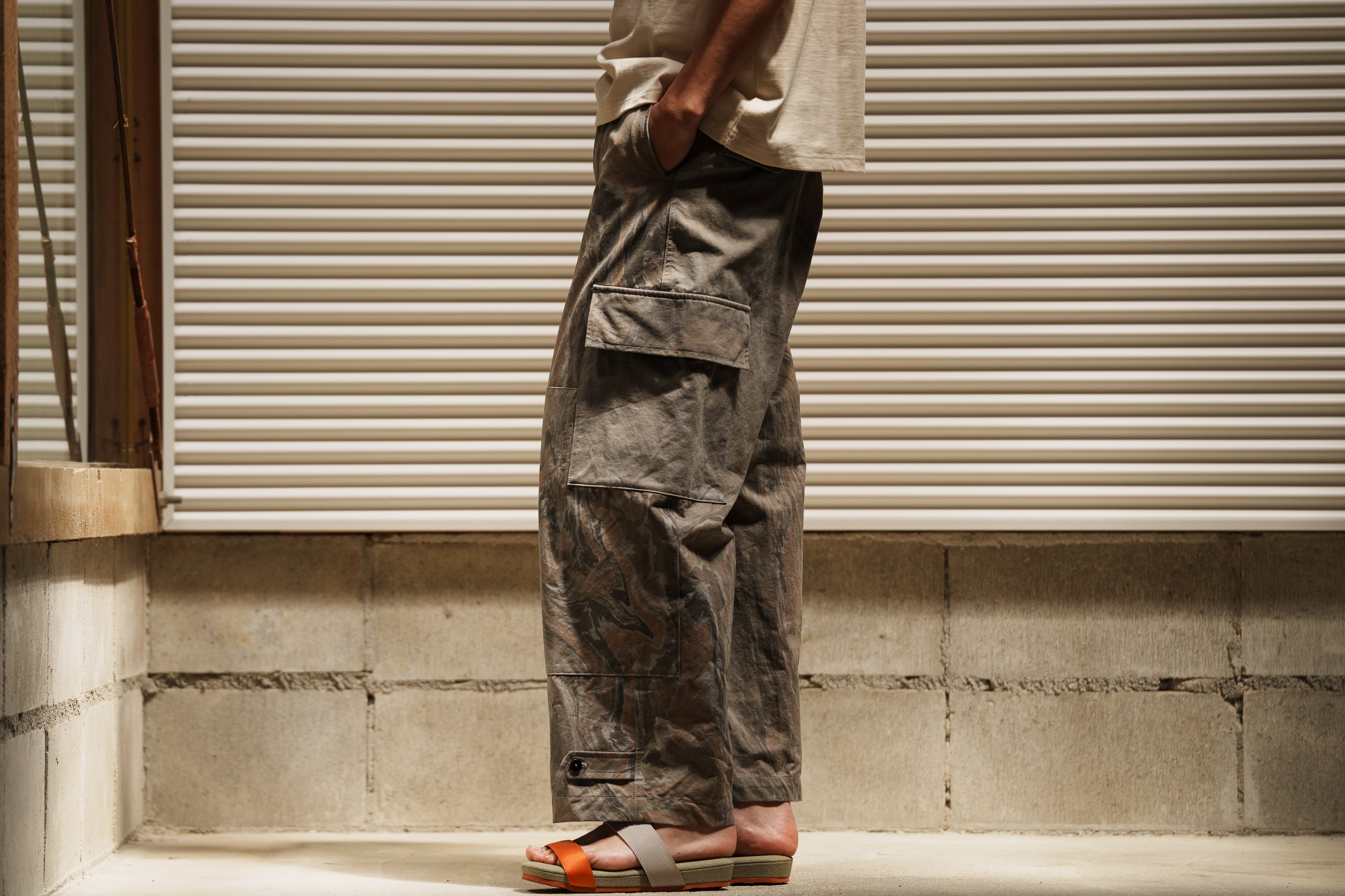 amachi. Double Knee Cargo Pants Suminagashi - Gray×Grain